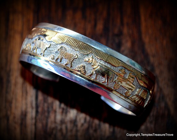 Phenomenal Native American Navajo Sterling Silver 12k Gold Storyteller Bracelet Phenomenal Native American Navajo Sterling Silver 12k Gold Storyteller Bracelet