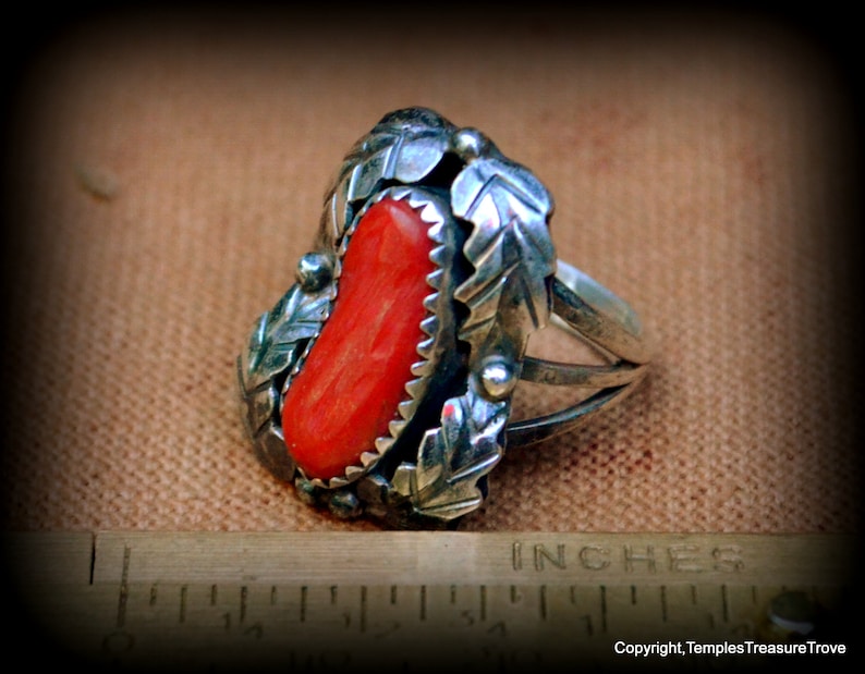Bench made Navajo Red Coral RingSterling and Red Coral Wrapped in Feathers Navajo RingMid Century Coral RingSouthwest Navajo Ring For Her