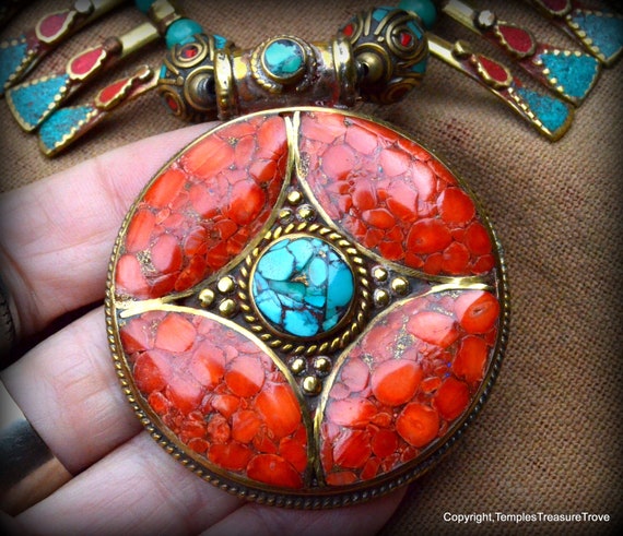 Classic Vintage Traditional Tibetan Nepalese Turquoise Brass Focal
