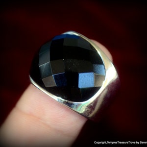 Faceted Black Onyx Ring Size 7~Black Onyx and Sterling Hallmarked Ring~Checkerboard Faceted Black Onyx Ring~Black Onyx Cocktail Ring For Her