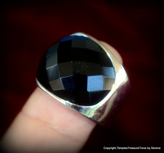 Faceted Black Onyx Ring Size 7~Black Onyx and Ste… - image 1