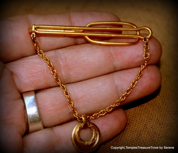 Mid Century Gold Tone Tie Bar and Chain~Gold Tone… - image 8