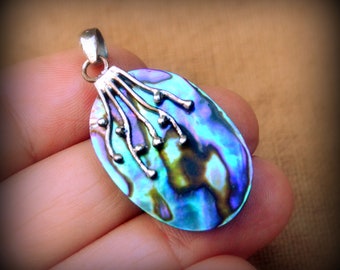 Iridescent Paua Shell and Sterling Pendant/Paua Shell and 925 pendant for her/Beachy Mermaid Pendant for her~Tropical Pendant~Beach Baby