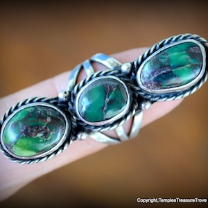 OOAK Navajo Ring~Long Three Turquoise Cabs Navajo Ring~Mid Century Green Turquoise Ring~Old Pawn Navajo Ring US Size 5~Unisex Turquoise Ring