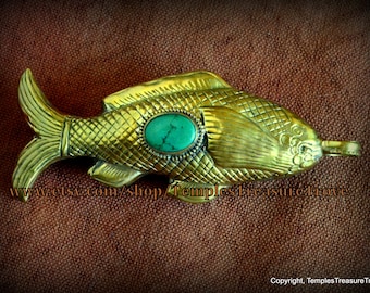 Buddhist Auspicious Golden Fish Repousse Brass and Tibetan Blue Green Turquoise Cabochon Hollow Focal Bead Sourced from Kathmandu, Nepal