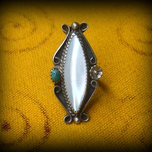 Old Pawn Navajo Mother of Pearl ring~Long Sterling Signed Navajo Ring~Mother of Pearl and turquoise ring~Navajo Statement Ring~Gift for her