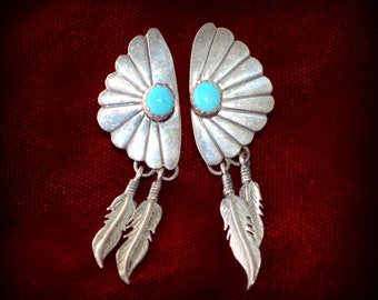 Navajo Concho Stud Earrings~Turquoise  Earrings~Native American Sleeping Beauty Earrings For Her~Fan & Feather Earrings~December birthstone
