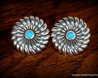 Navajo Concho Stud Earrings~Turquoise  Earrings~Native American Sleeping Beauty Earrings For Her~Signed "M" Earrings~December birthstone