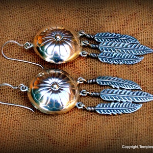 Signed Concho and Three Feathers 925 EarringsNavajo Benchmade Sterling EarringsNative American Earrings Dangle and Drop Earrings for her image 6