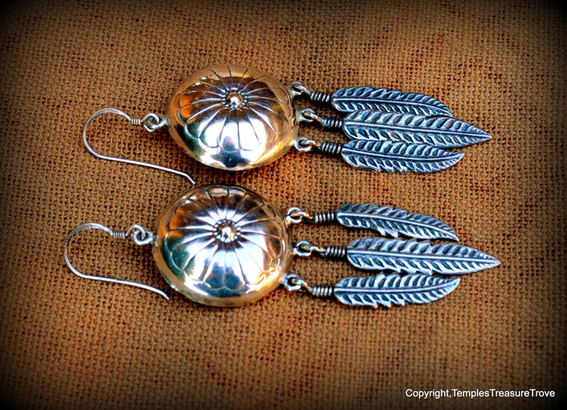 Signed Concho and Three Feathers 925 EarringsNavajo Benchmade Sterling EarringsNative American Earrings Dangle and Drop Earrings for her image 6
