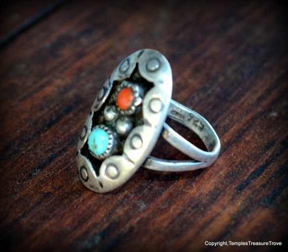 Navajo Turquoise Red Coral Ring Size 5 3/4~Signed… - image 4