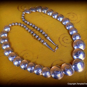 Navajo Sunburst Sterling Benchbeads Necklace~Vintage 1970&#39;s Navajo Sterling Silver Pillow Bead Necklace~Navajo Sterling Bench Beads Necklace
