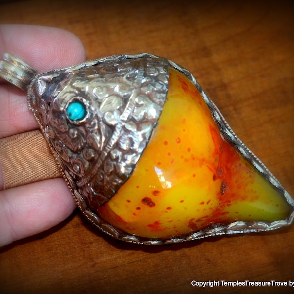 Amber Resin and Tibetan Silver Repousse Pendant~Honey Colored Amber Resin Pendant~Conch Shell Shaped Pendant~Fair Trade Beads from Kathmandu