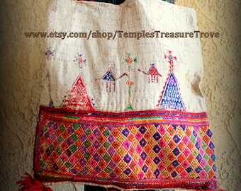 Vintage Rabari Old Textiles Market Bag Handbag Purse Hand Embroidered with LARGE Pom Poms Last Sourced from India~Market Bag~Ethnic Handbag