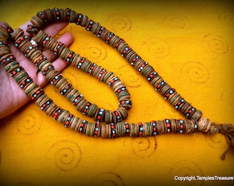 Beautiful Nepalese Buddhist Yak Bone 108 Beads Prayer Mala Rosary~Handcrafted Nepalese Mala Adorned with Brass and glass beads~Nepal Import