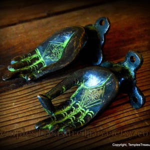 Verdigris Brass Mudra Knobs Nepalese Antique Finish Brass Mudras Buddhist Hindu Wall or Altar Decor Jewelry Hangers Female Dorje Mudra Knobs