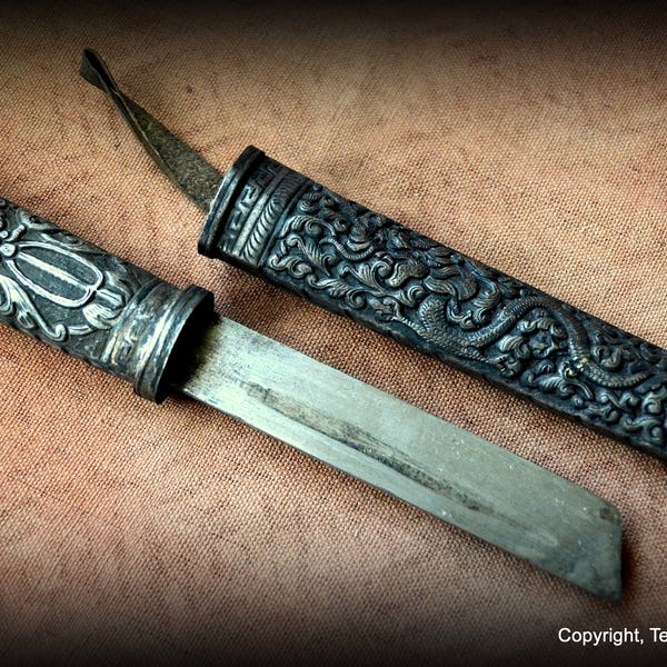 Ornate 19th century Tibetan Handmade Blade and Scabbard/Ceremonial Dagger and Intricate Repousse Sheath/Dorje on Blade Handle and Scabbard