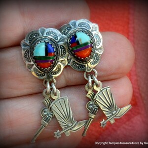 May include: Sterling silver earrings with a multi-coloured stone inlay and a dangling boot charm.