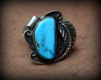 Tamaño 7 1/4 Bella Durmiente Turquesa y 925 Anillo de Peón Viejo-Navajo Turquesa y Anillo de Sterling-Anillo Turquesa Corte a mano-Piedra de nacimiento de diciembre