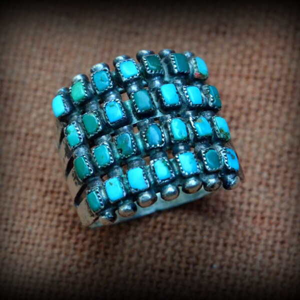 Old Pawn Turquoise Petit Point Ring~Turquoise and 925 Petit Point Ring~Historical Zuni Ring~Native American Turquoise and Silver Unisex Ring