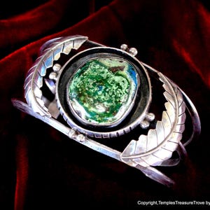 Puño navajo de mediados de siglo ~Pulsera de puño navajo de peón viejo~Pulsera de puño de ley de cabina turquesa verde~Navajo 925 y puño de declaración turquesa