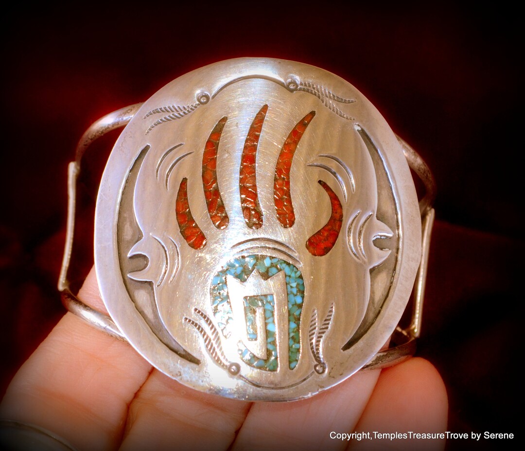 Vintage Navajo Sterling Silver Coral Turquoise Bear Paw Cuff Bracelet ...