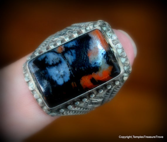 Sterling and Petrified Wood Old Pawn Navajo Ring~… - image 1