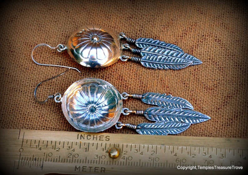 Signed Concho and Three Feathers 925 EarringsNavajo Benchmade Sterling EarringsNative American Earrings Dangle and Drop Earrings for her image 3