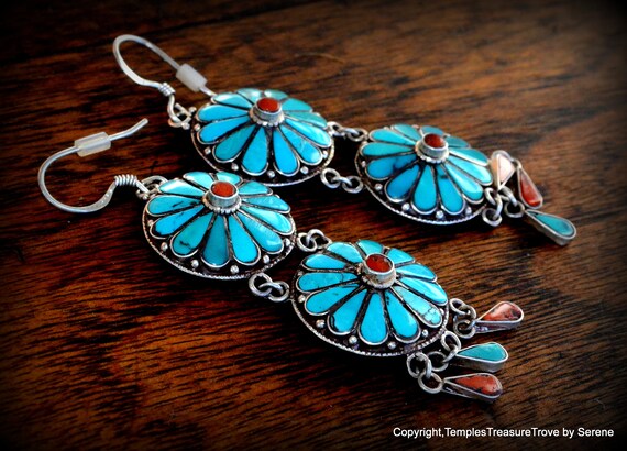 Traditional Nepali Sterling Turquoise Red Coral E… - image 5