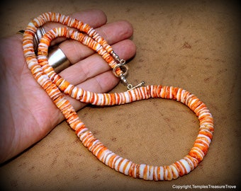 Graduated Spiny Oyster Heishi Necklace~Orange and White Spiny Oyster Heishi Necklace~Unisex Spiny Oyster Necklace~SW Pueblo Style Necklace