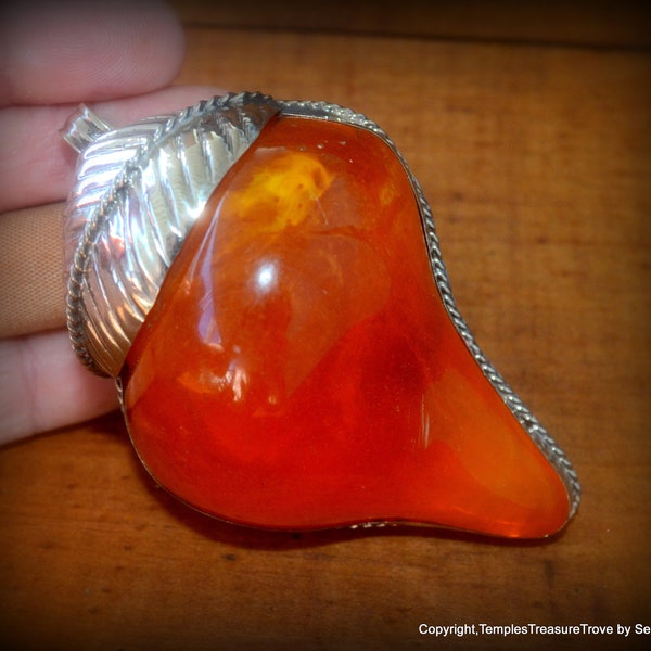 Amber Resin and Tibetan Silver Focal Bead ~Rich Honey Colored Amber Resin Pendant~Conch Shell Shaped Pendant~Fair Trade Beads from Kathmandu