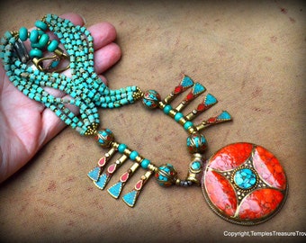 Classic Vintage Traditional Tibetan Nepalese Turquoise Brass Focal