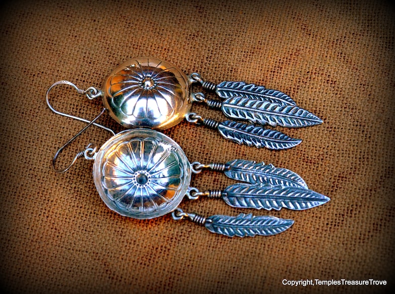 Signed Concho and Three Feathers 925 EarringsNavajo Benchmade Sterling EarringsNative American Earrings Dangle and Drop Earrings for her image 7