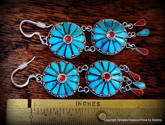 Traditional Nepali Sterling Turquoise Red Coral E… - image 3