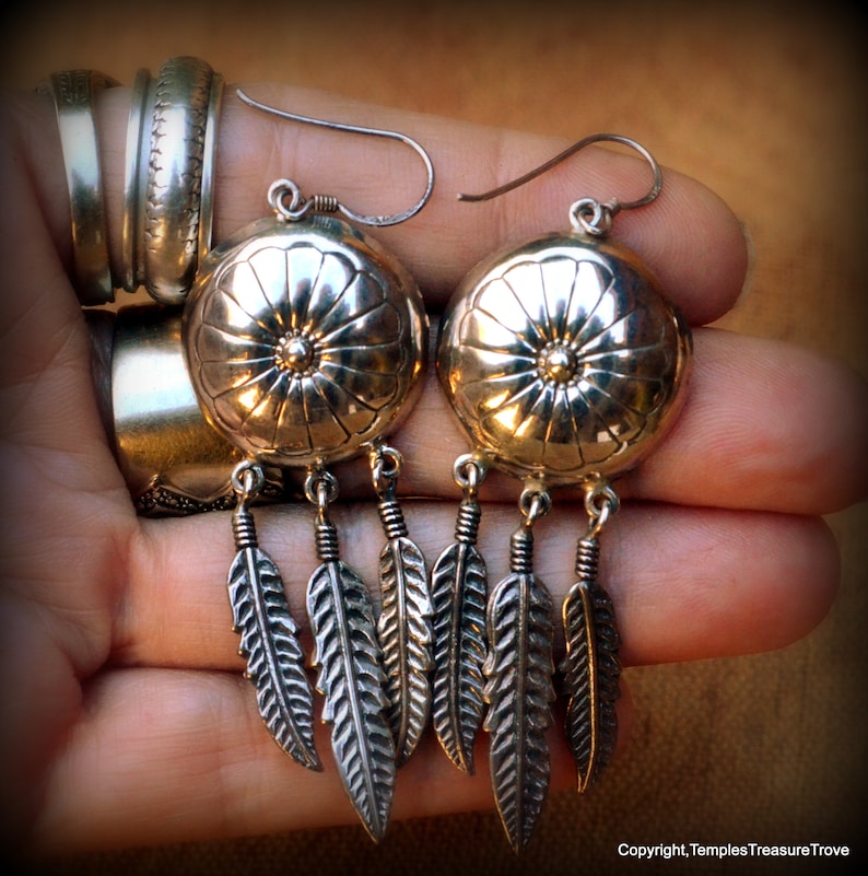 Signed Concho and Three Feathers 925 EarringsNavajo Benchmade Sterling EarringsNative American Earrings Dangle and Drop Earrings for her image 8