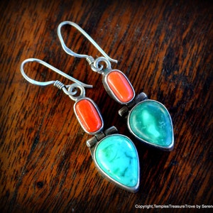 Nepali Sterling Turquoise Red Coral Earrings~Gorgeous Turquoise and Coral Earrings~Nepali Sterling Turquoise and Precious Red Coral Earrings