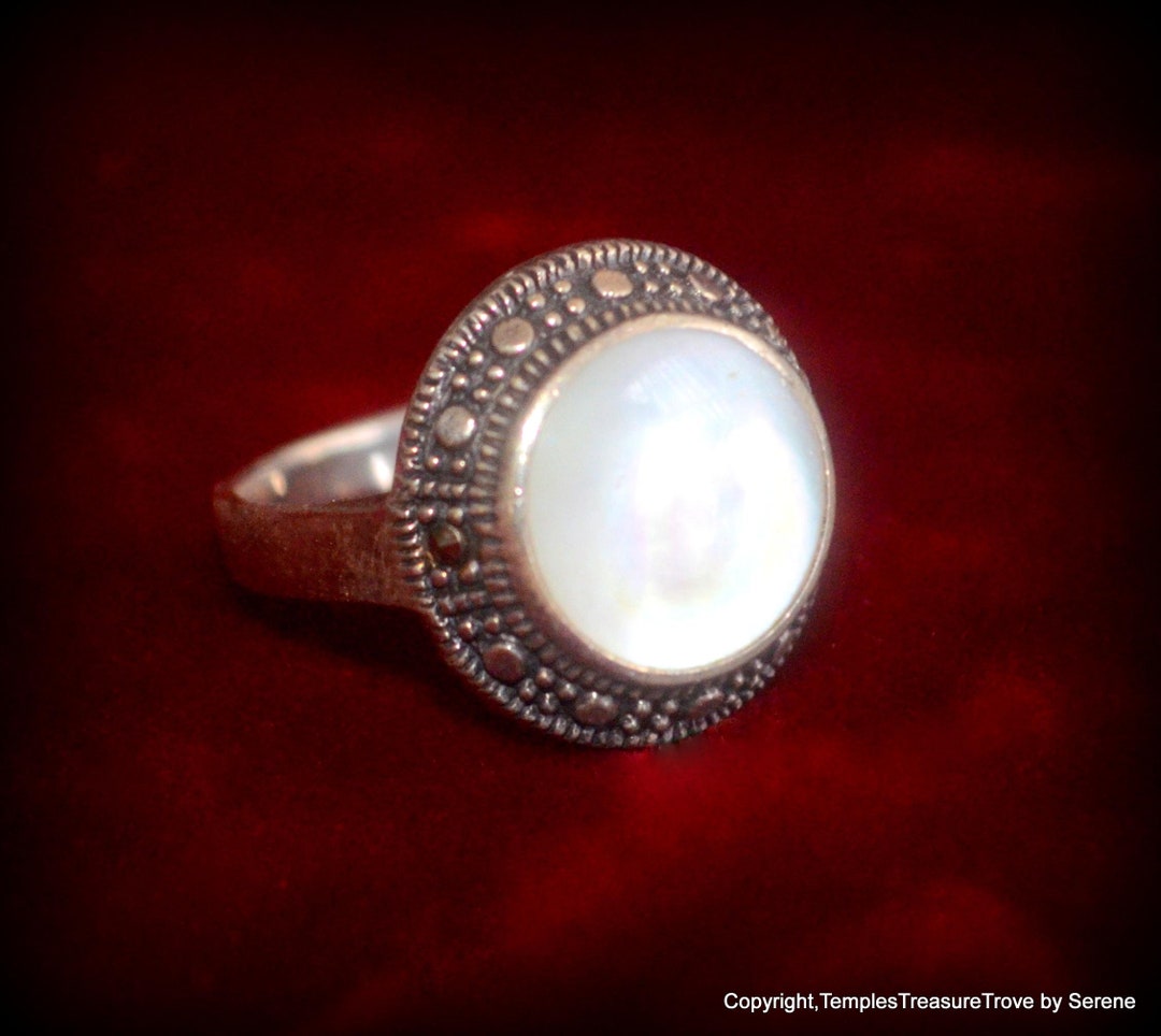 Gothic Pearl Rings Gothic Mother of Pearl and 925 Ring~old World Flash of Moon Mother of ...