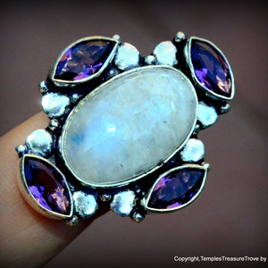 Moonstone Amethyst Cluster Ring~Size 8.25 Sterling Ring~Cluster Ring~Feb June Multi Birthstones ring for Mom~Moonstone Amethyst Ring for her