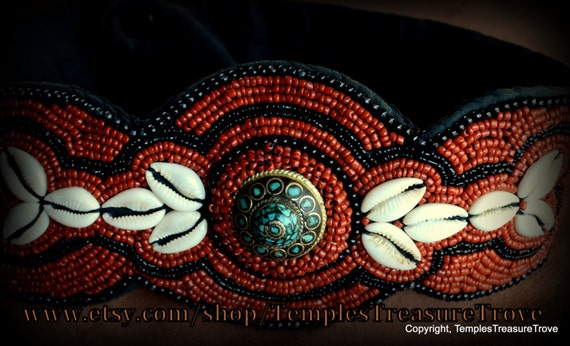 Vintage Ladakh Belt~ Coral Red Seed Bead, Black S… - image 4