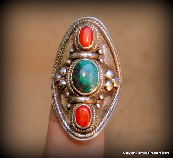 Precious Red Coral and Tibetan Turquoise Saddle R… - image 9