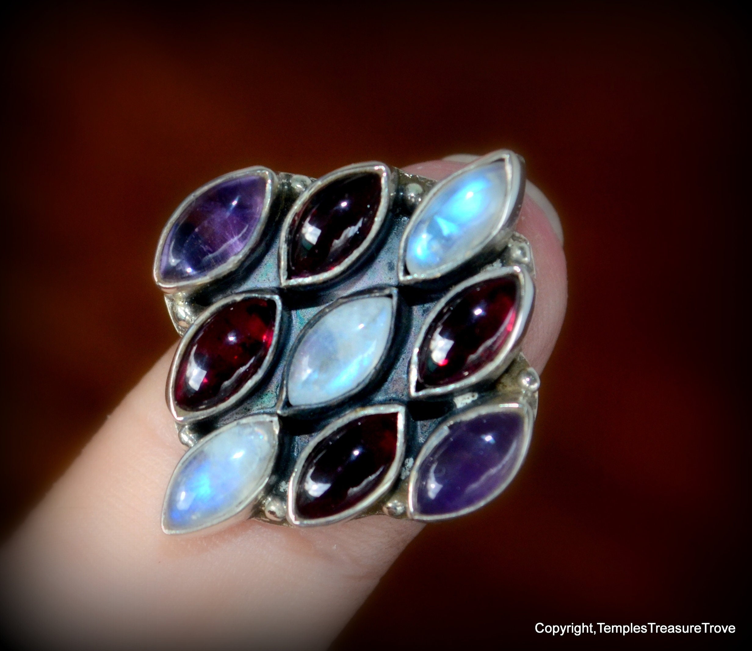 Moonstone Amethyst Garnet Cluster Ring~Size 8.5 US Sterling Ring~Signed Nicky Butler Cluster Ring~Jan Feb June Multi Birthstones ring 4 Mom