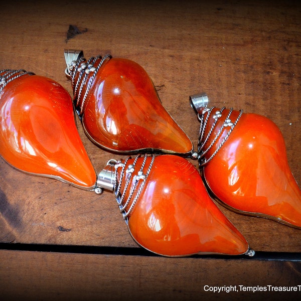 Amber Resin and Tibetan Silver Pendant ~Rich Honey Colored Amber Resin Pendant~Conch Shell Shaped Pendant~Fair Trade Beads from Kathmandu