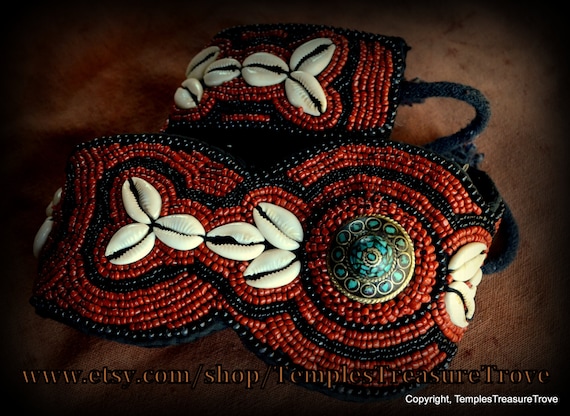 Vintage Ladakh Belt~ Coral Red Seed Bead, Black S… - image 3
