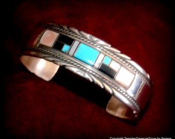 Navajo Lee Mccray Sterling Silver Gemstone Inlay Cuff Bracelet - Etsy