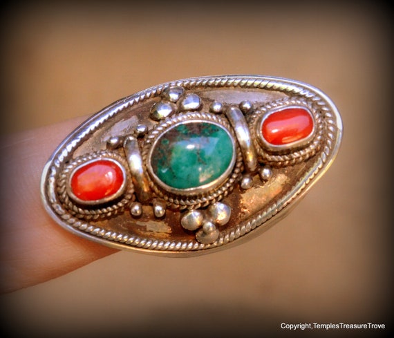 Precious Red Coral and Tibetan Turquoise Saddle R… - image 1
