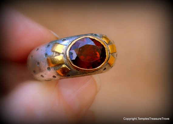 OOAK Sterling and 10 Karat Gold Garnet Ring~Size 8