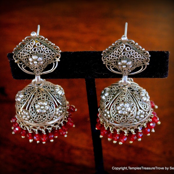 East Indian Sterling and Garnet Jhumka Earrings~Dangle and Drop Earrings for her~January Birthstone Earrings~Sterling Mughal Stud Earrings