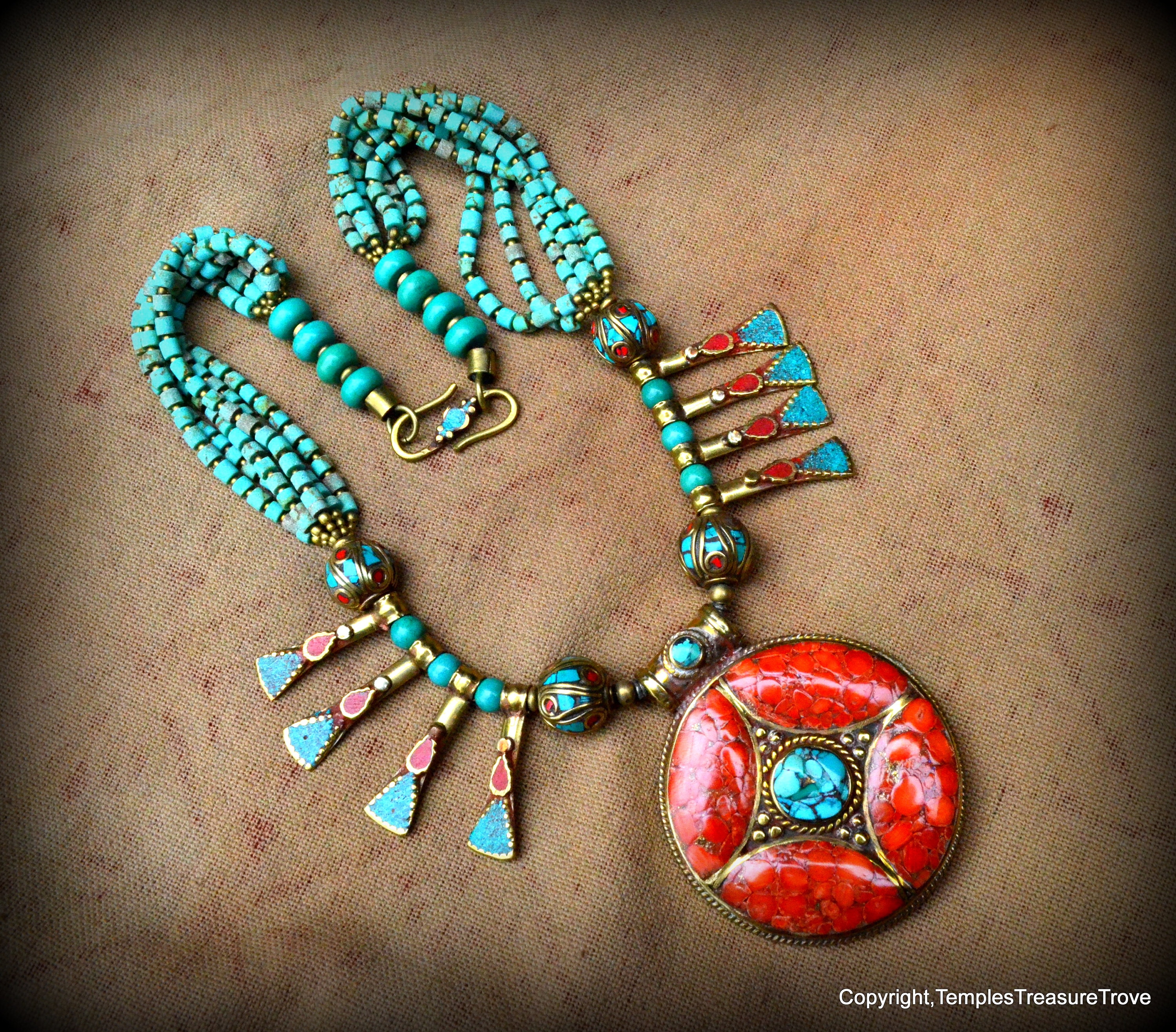 Classic Vintage Traditional Tibetan Nepalese Turquoise Brass Focal