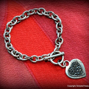 7.5 Inch Sterling Charm Bracelet~Marcasite and Sterling Heart Charm Bracelet~Gift For Her~Heart Bracelet for Her~Heavy Heart Charm Bracelet
