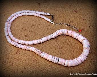 Luana Shell Graduated Heishi Beads 21 Inch Beachy Necklace~Peachy Pink Pastel Luana Shell Necklace~Unisex Southwestern Luana Heishi Necklace